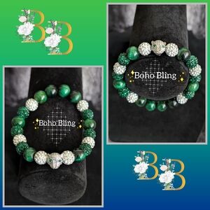Emerald Green & Rhinestone Jaguar Beaded Bracelet